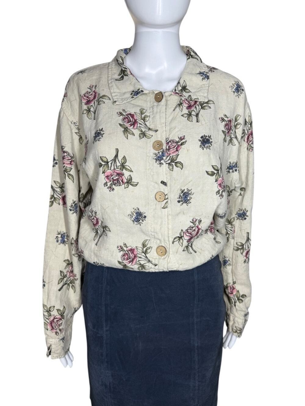 Garron Vintage Retro 100% Linen Floral Boho Button Front Blouse Top Medium